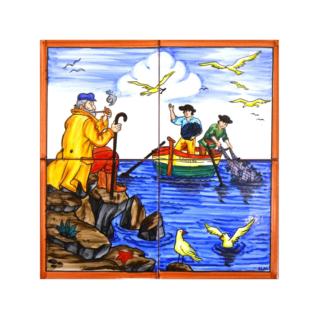 [28264] MURAL MARINA / BARCA / SPIAGGIA / PESCATORI di ceramica dipinto a mano.  30 cm x 30 cm.