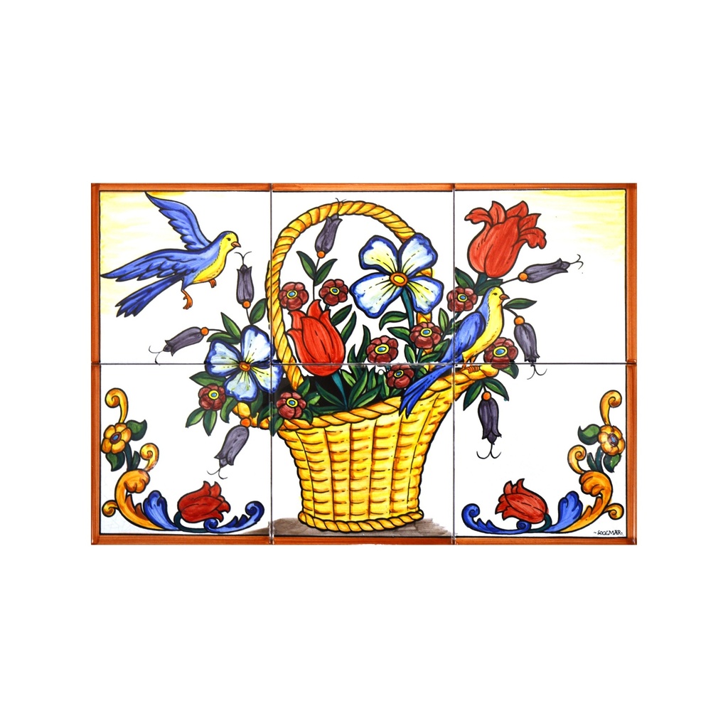 [28266] MURAL PANIER DE FLEURS de céramique peint à la main. 45 cm x 30 cm. 