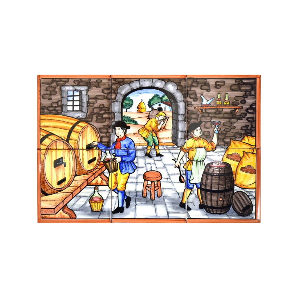 [28267] Handpainted ceramic MURAL WINE CELLAR / WINEMAKING / VINIFICATION. 17.72'' x 11.81''.