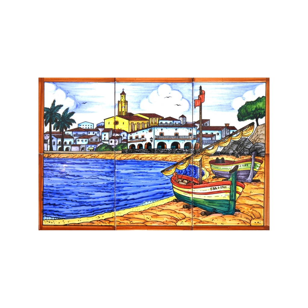 [28304] MURAL MARINA / BARCA / SPIAGGIA di ceramica dipinto a mano.  45 cm x 30 cm.