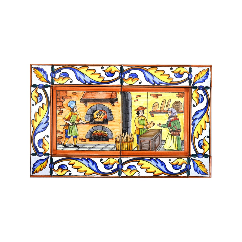 [28305] MURAL PANETTIERE / PASTICCERE / PROFESSIONI CON CORNICE di ceramica dipinto a mano. 40 cm x 25 cm.