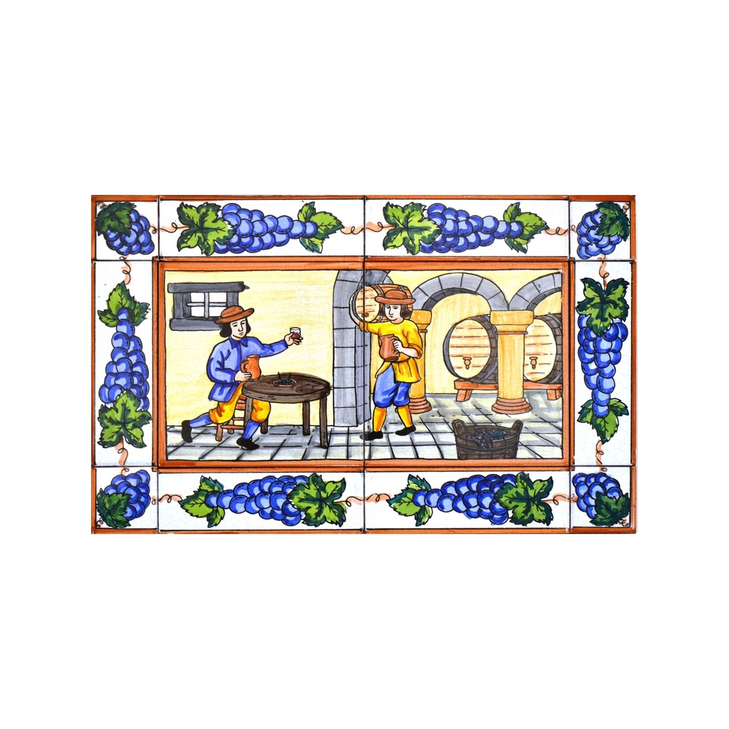 MURAL BODEGA / ELABORACIÓN VINO / VINIFICACIÓN CON CENEFA de cerámica pintado a mano. 40 cm x 25 cm. 