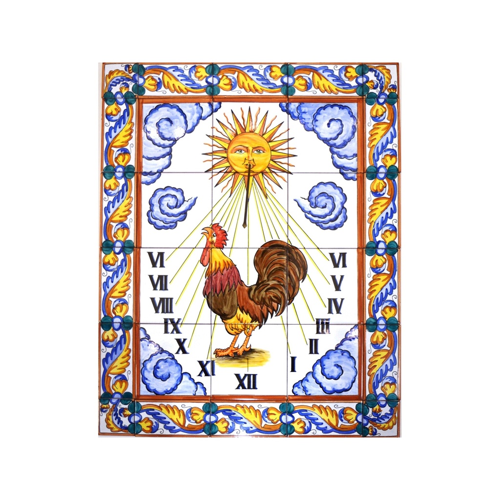 [28314] MURAL COQ / HORLOGE / PENDULE / CADRAN SOLAIRE AVEC BORDURE de céramique peint à la main. 60 cm x 75 cm. 