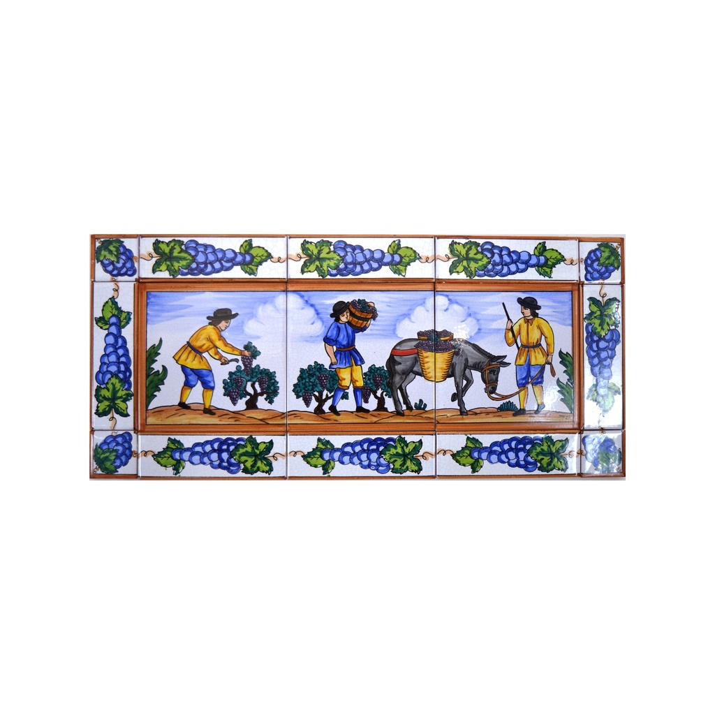[28318] MURAL VENDANGE / RÉCOLTE DU RAISIN AVEC BORDURE de céramique peint à la main. 55 cm x 25 cm. 
