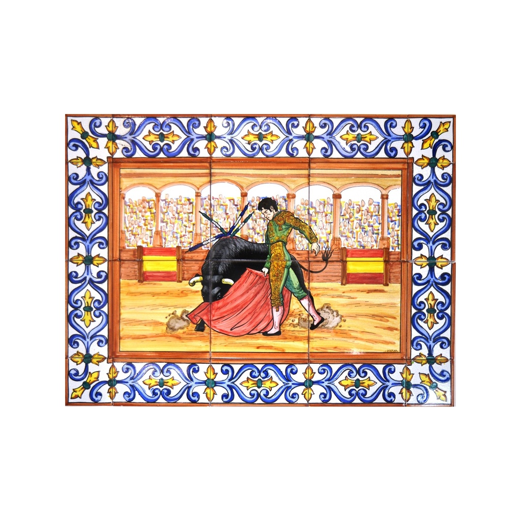 [28323] MURAL TORÉADOR / TORERO / TAUREAU / TORO AVEC BORDURE de céramique peint à la main. 60 cm x 45 cm. 