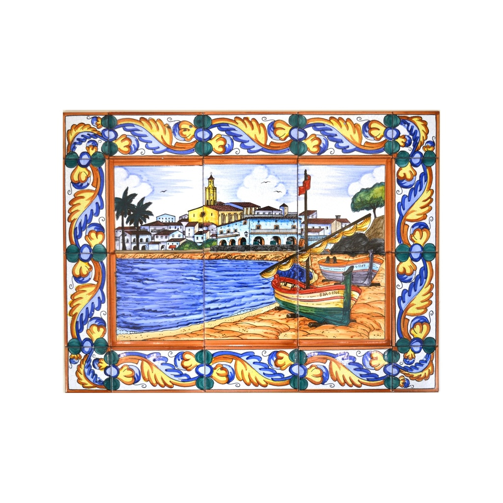 [28326] MURAL MARINE CADAQUES / BATEAU / PLAGE AVEC BORDURE de céramique peint à la main. 60 cm x 45 cm.