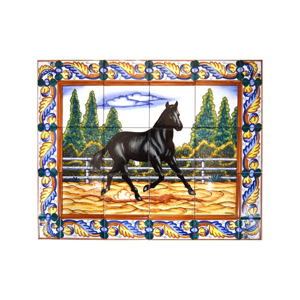 [28472] MURAL CHEVAL / JUMENT / ANIMAUX AVEC BORDURE de céramique peint à la main. 75 cm x 60 cm. 