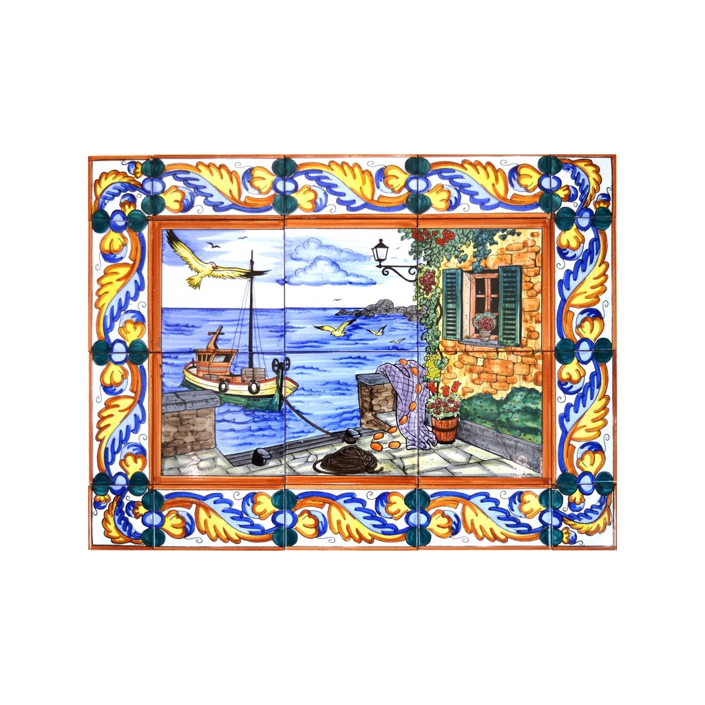 [28473] MURAL MARINA / BARCO / PLAYA CON CENEFA de cerámica pintado a mano. 60 cm x 45 cm. 