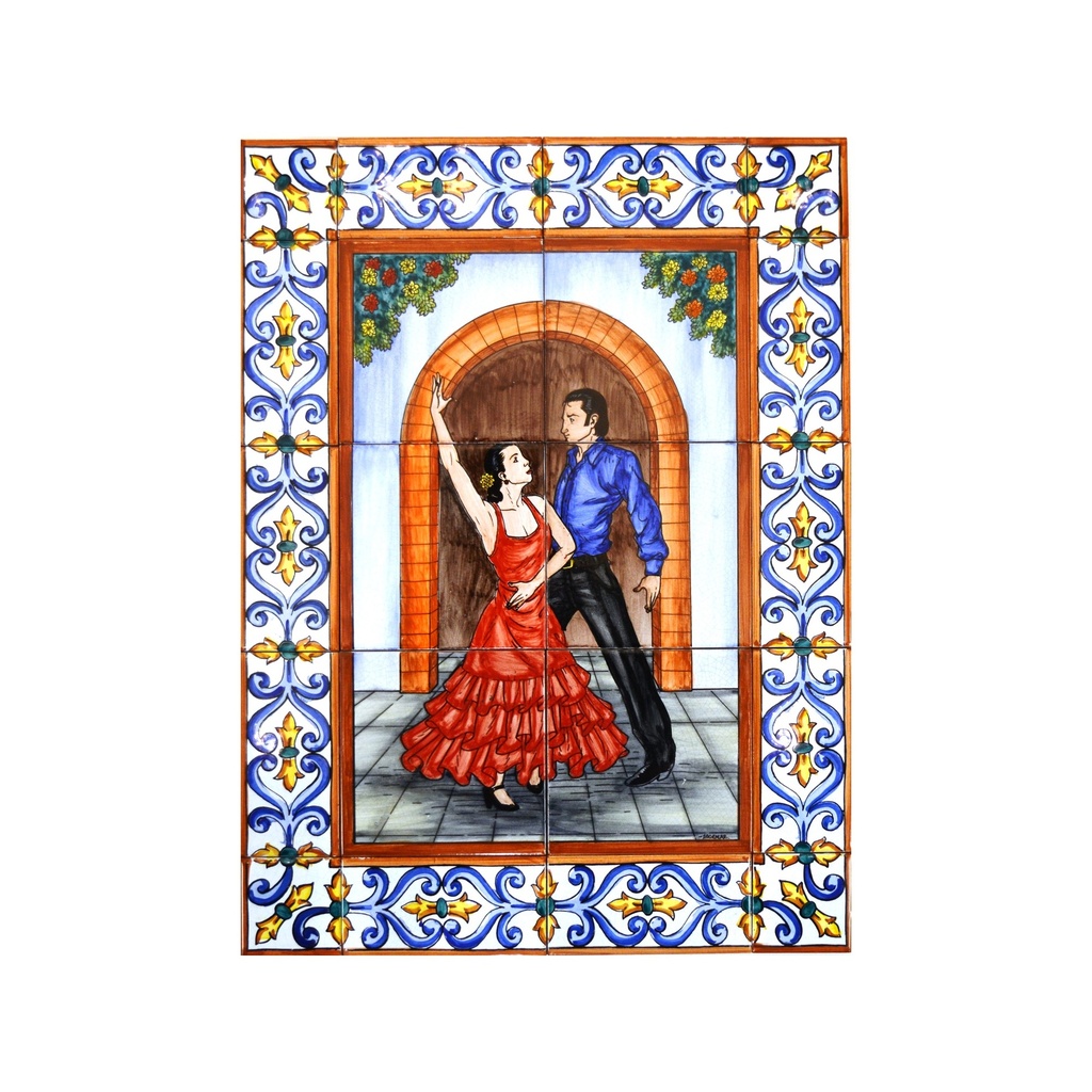 Handpainted ceramic MURAL FLAMENCO / SEVILLANAS WITH EDGE BORDER. 17.72'' x 23.62''.