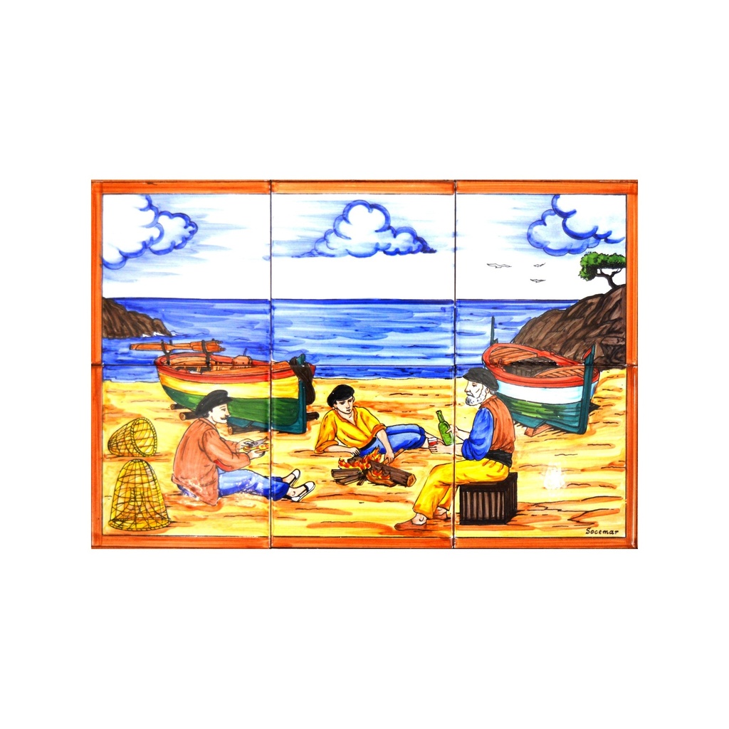 [28496] MURAL MARINA / BARCA / SPIAGGIA /PESCATORI di ceramica dipinto a mano.  45 cm x 30 cm.