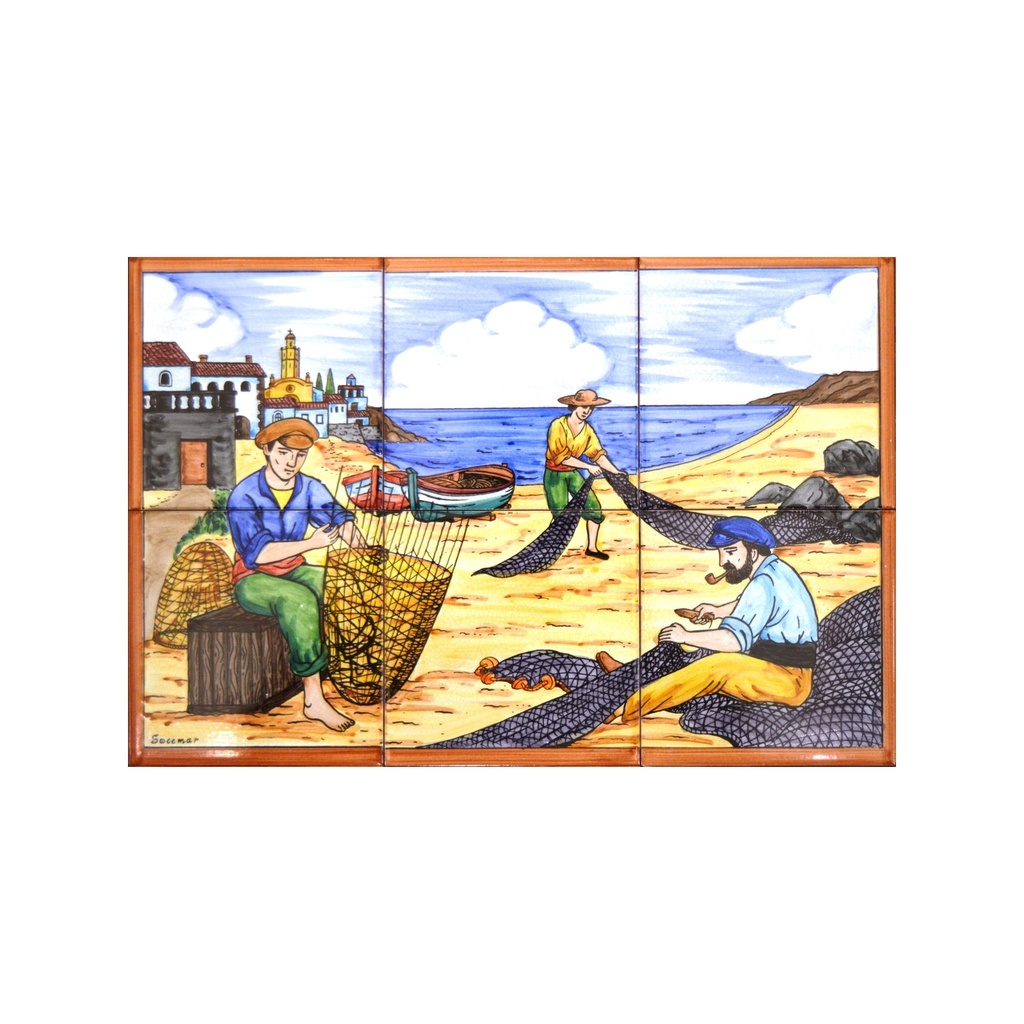 [28497] MURAL MARINA / BARCA / SPIAGGIA /PESCATORI di ceramica dipinto a mano.  45 cm x 30 cm.
