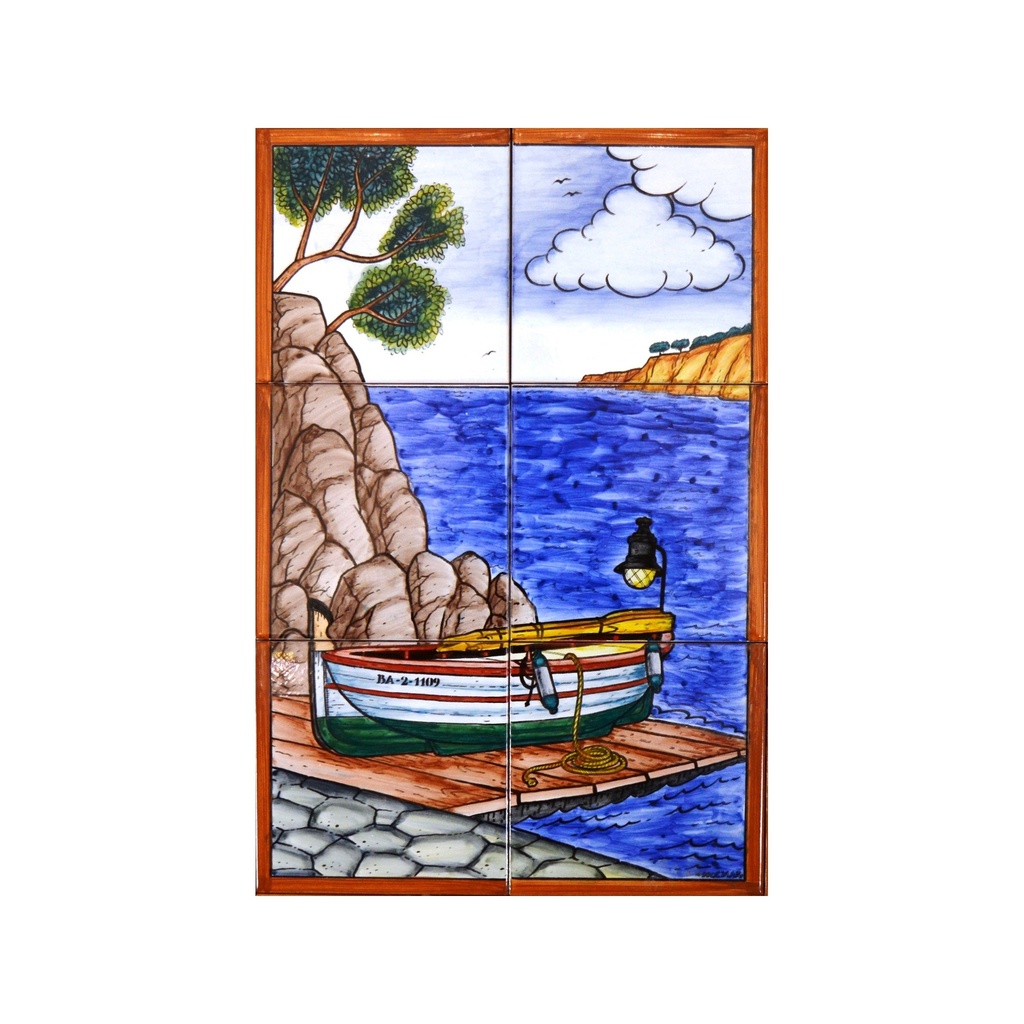 [28498] MURAL MARINA / BARCA / SPIAGGIA di ceramica dipinto a mano.  45 cm x 30 cm.