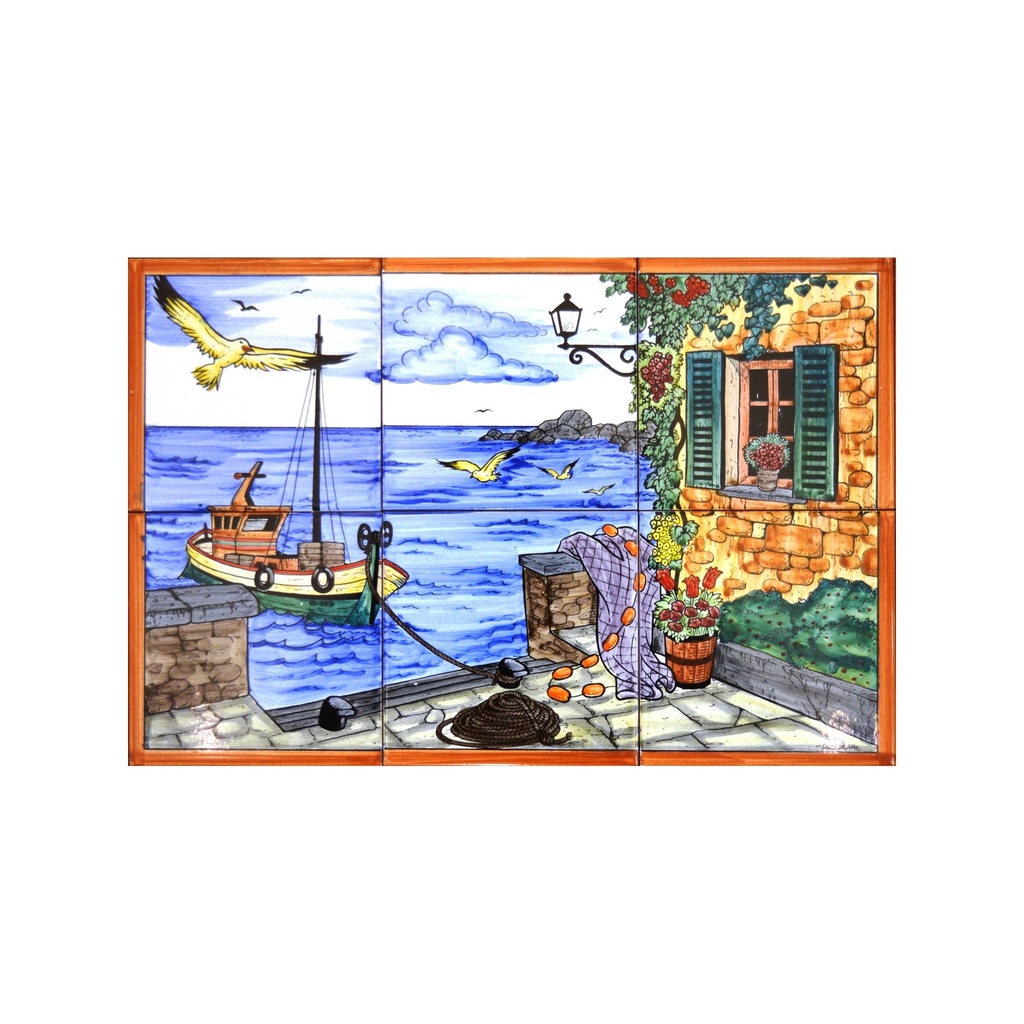 [28499] MURAL MARINE / BATEAU / PLAGE de céramique peint à la main. 45 cm x 30 cm. 