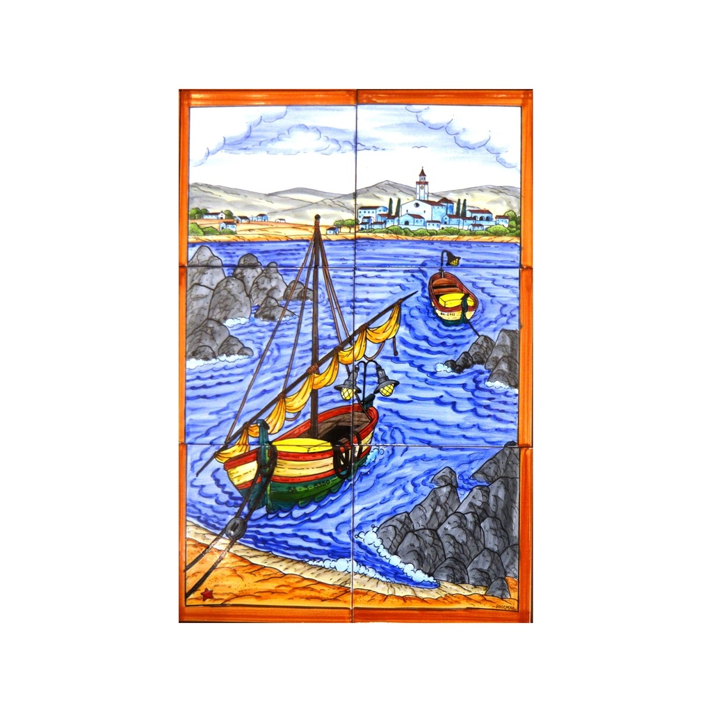 [28500] MURAL MARINA / BARCA / SPIAGGIA di ceramica dipinto a mano.  30 cm x 45 cm.