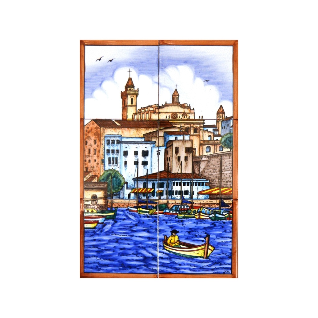 [28501] MURAL MARINA / BARCO / PLAYA de cerámica pintado a mano. 30 cm x 45 cm. 