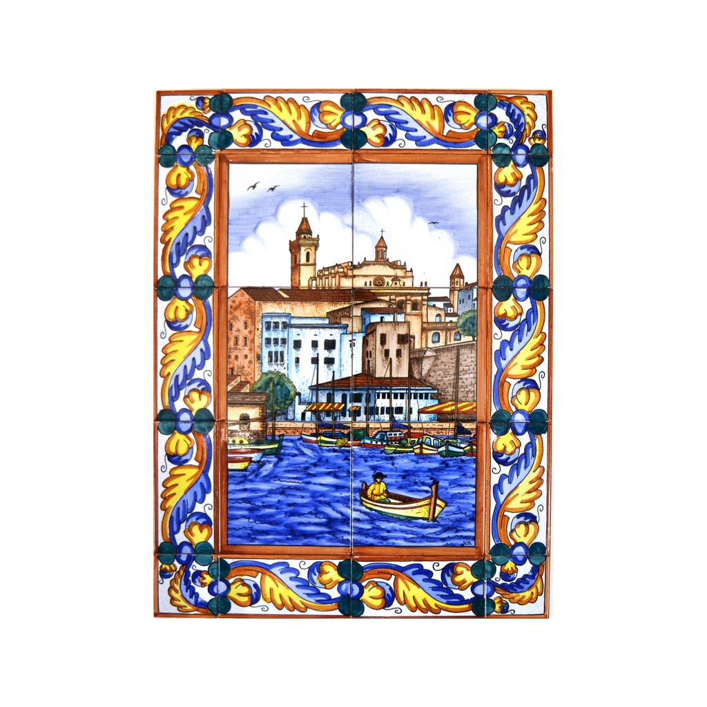 [28938] MURAL MARINA / BARCO / PLAYA CON CENEFA de cerámica pintado a mano. 45 cm x 60 cm. 
