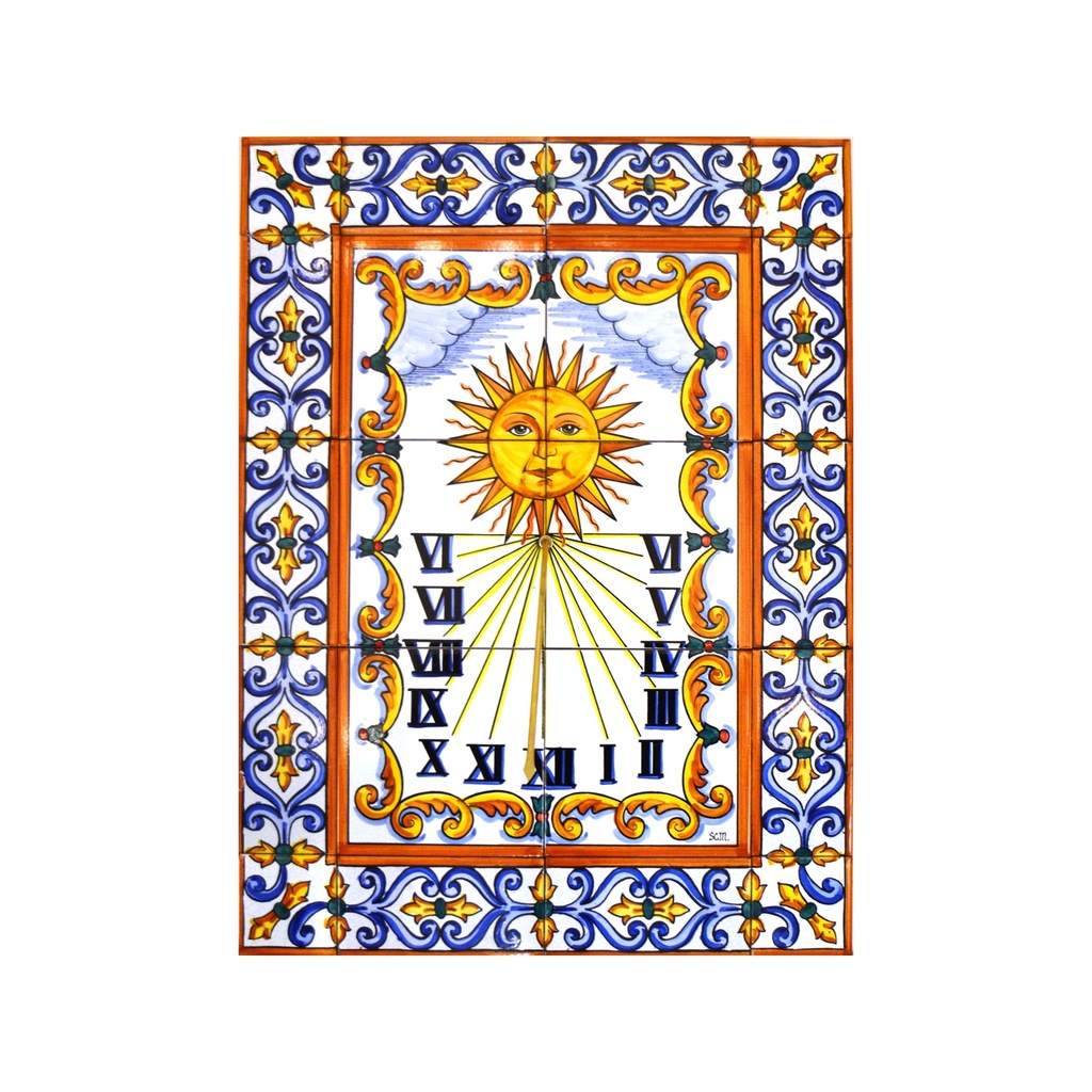 [28939] MURAL HORLOGE / PENDULE / CADRAN SOLAIRE AVEC BORDURE de céramique peint à la main. 45 cm x 60 cm. 