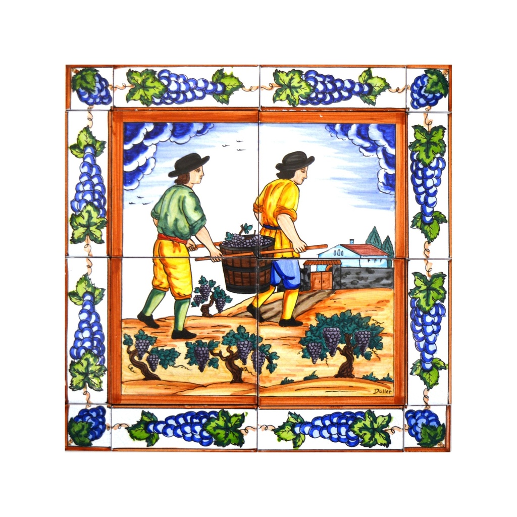 [28940] Handpainted ceramic MURAL GRAPE HARVEST WITH EDGE BORDER. 15.75'' x 15.75''.