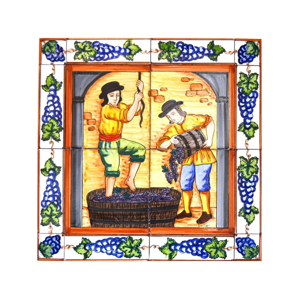 MURAL VENDANGE / RÉCOLTE DU RAISIN AVEC BORDURE de céramique peint à la main. 40 cm x 40 cm. 