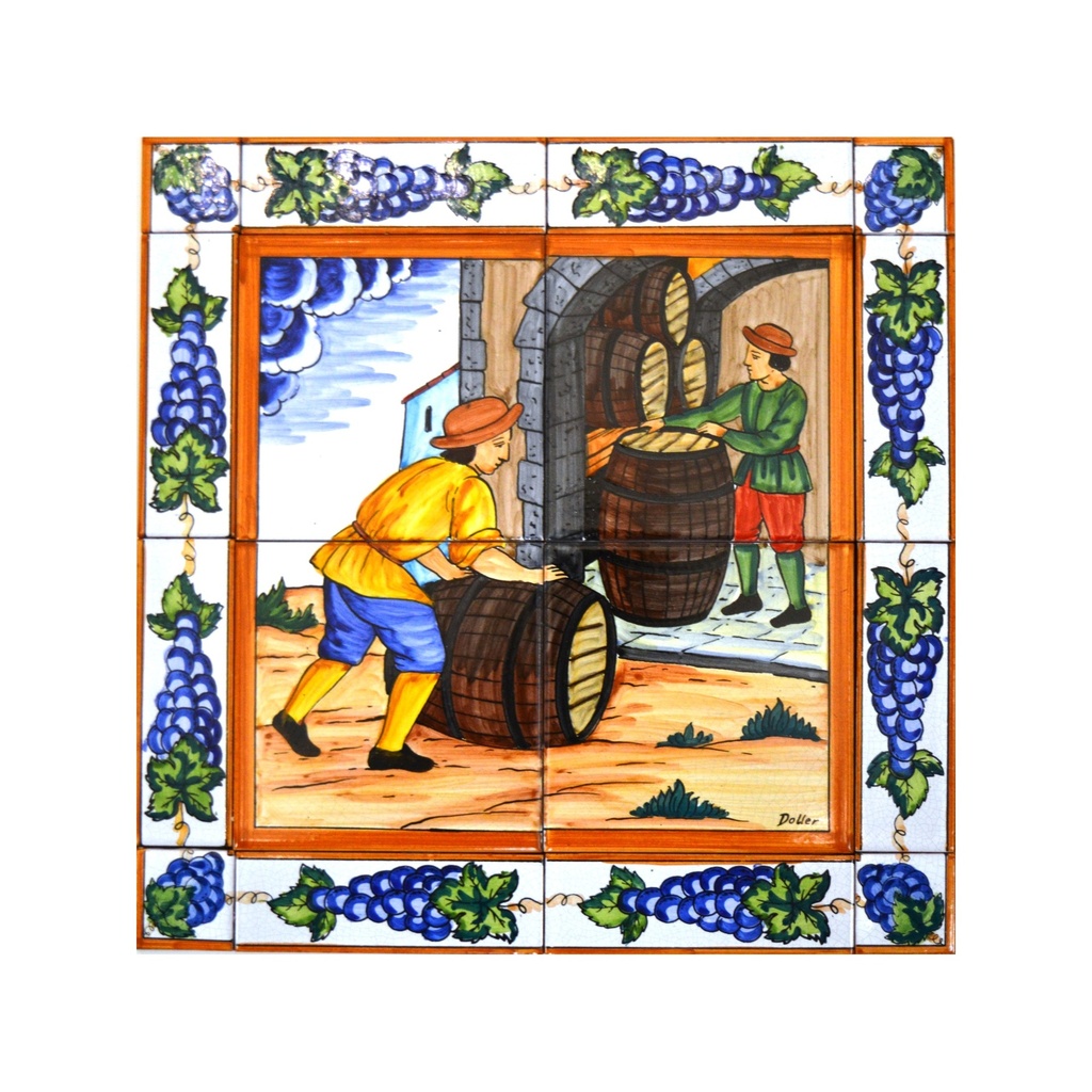 [28942] MURAL VENDANGE / RÉCOLTE DU RAISIN AVEC BORDURE de céramique peint à la main. 40 cm x 40 cm. 