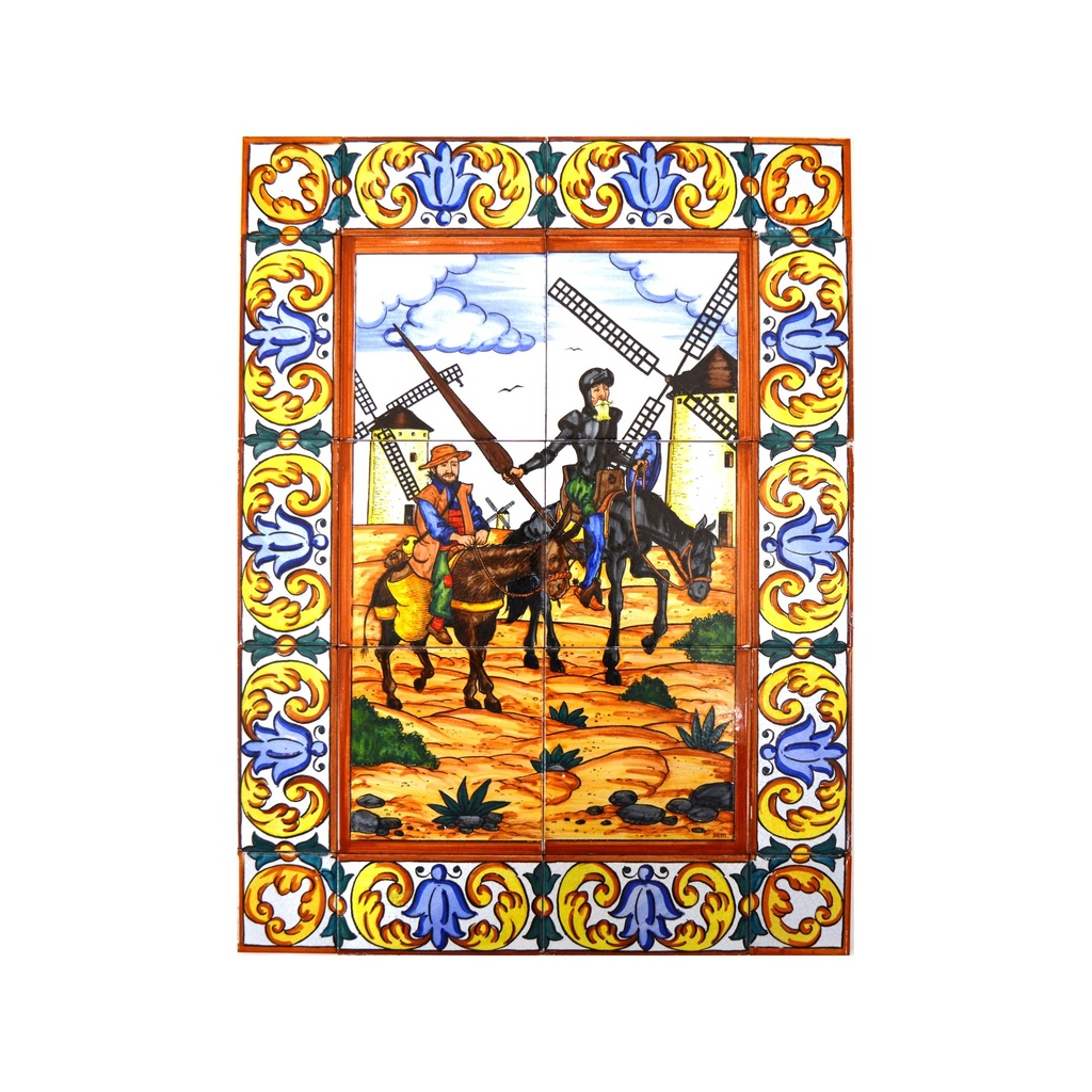 [30918] MURAL DON QUICHOTTE / SANCHO PANZA / MIGUEL DE CERVANTES AVEC BORDURE de céramique peint à la main. 45 cm x 60 cm. 