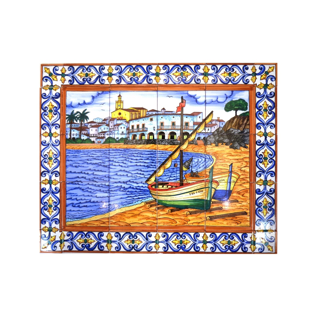 [31821] Handpainted ceramic MURAL MARINA / BOAT / BEACH WITH EDGE BORDER. 29.53'' x 23.62''.