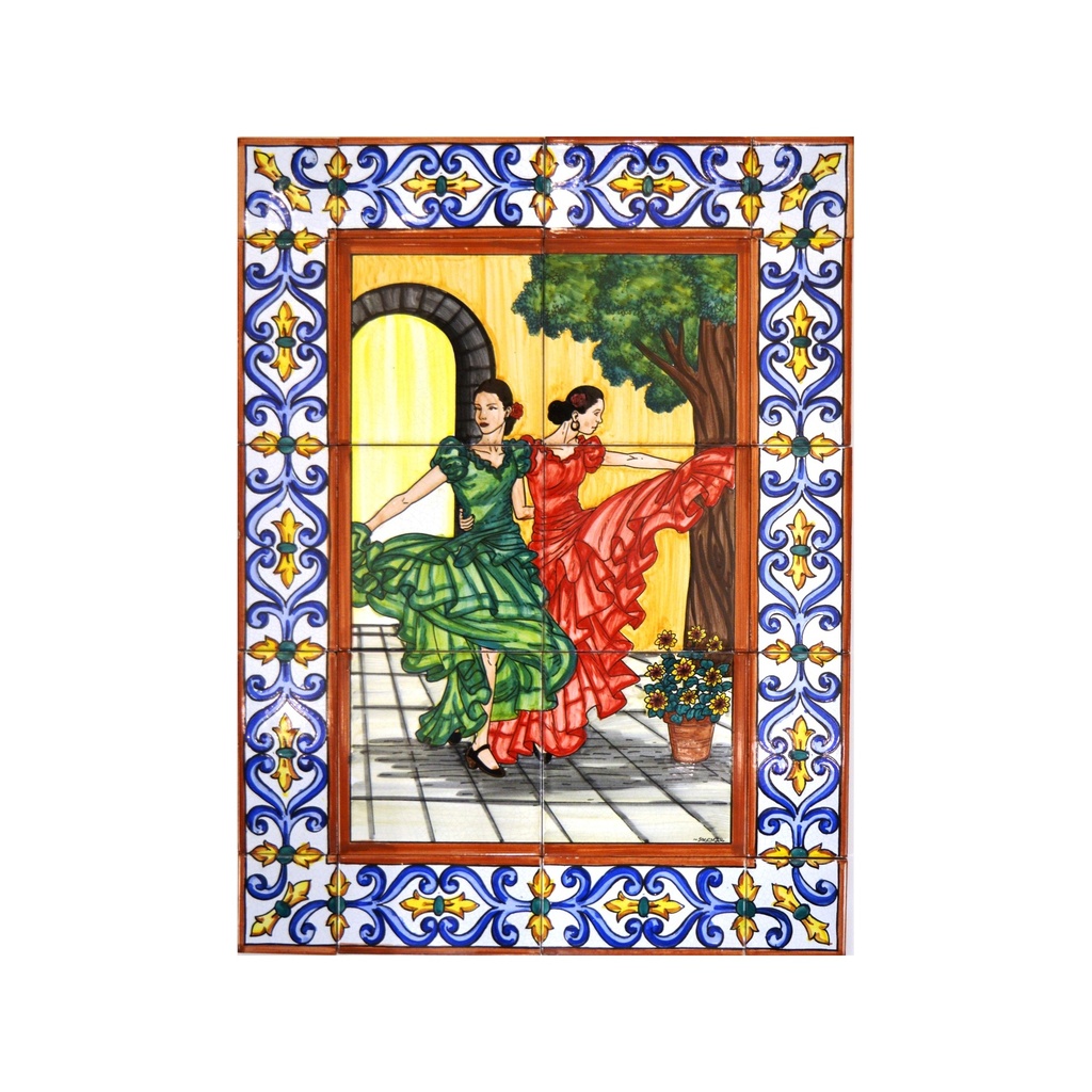 [31824] Handpainted ceramic MURAL FLAMENCO / SEVILLANAS WITH EDGE BORDER. 17.72'' x 23.62''.