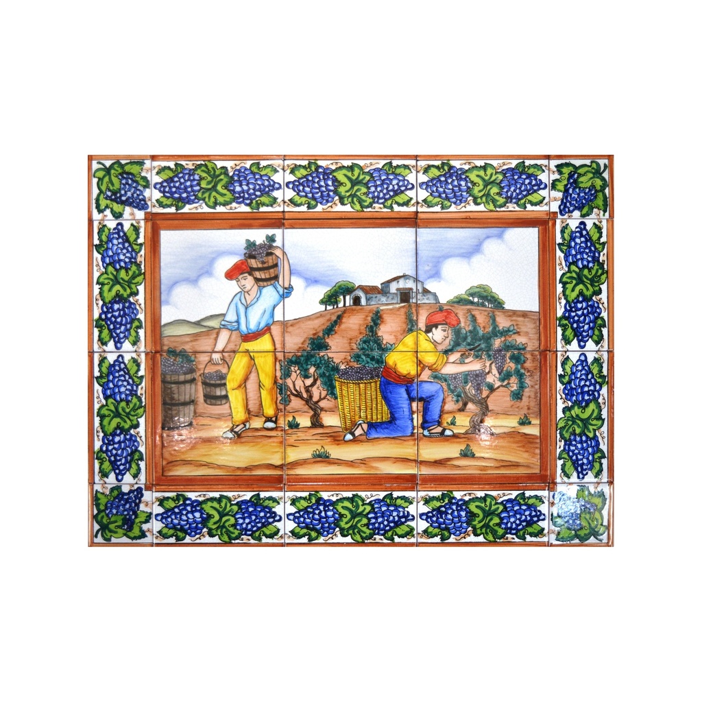 [31825] MURAL VENDANGE / RÉCOLTE DU RAISIN AVEC BORDURE de céramique peint à la main. 60 cm x 45 cm. 