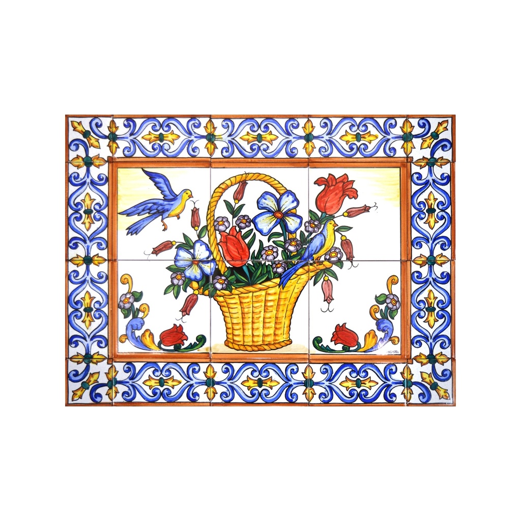 [31826] MURAL CESTA CON FLORES CON CENEFA de cerámica pintado a mano. 60 cm x 45 cm.
