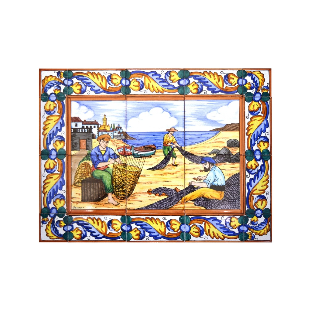 [31996] MURAL MARINA / BARCO / PLAYA / PESCADORES CON CENEFA de cerámica pintado a mano. 60 cm x 45 cm. 