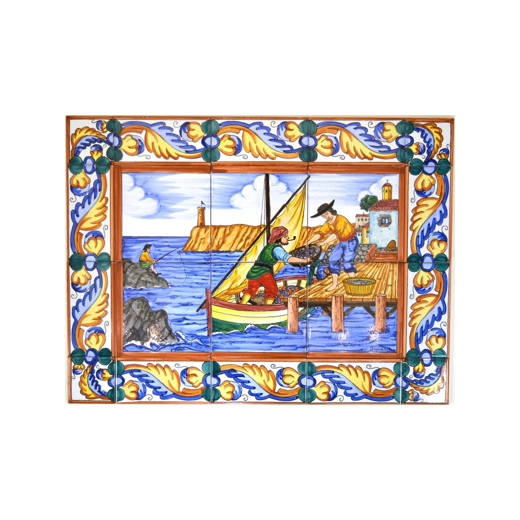 [35598] MURAL MARINA POBLE / VAIXELL / PLATJA AMB CENEFA de ceràmica pintat a mà. 60 cm x 45 cm.