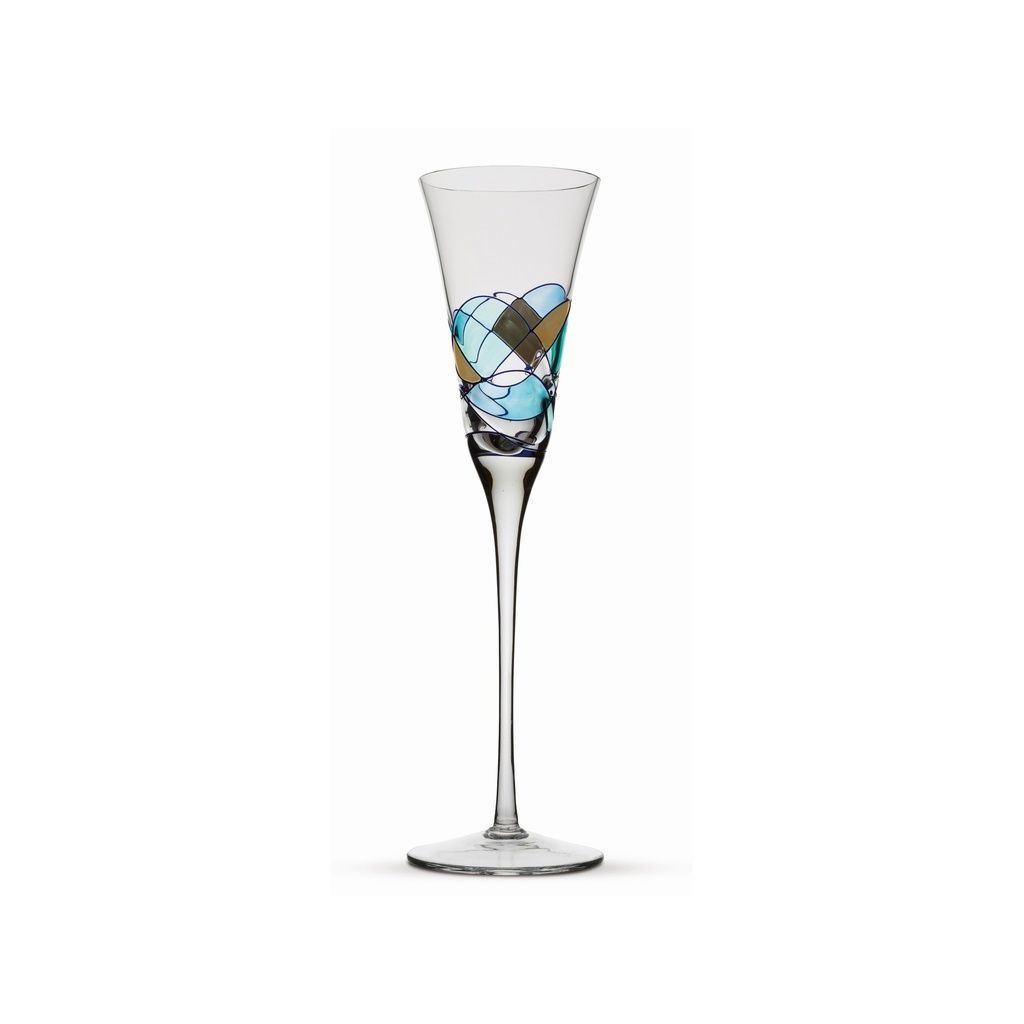 Coppa per prosecco o champagne TOASTING, stile di GAUDÍ. Coppa unica di produzione artigianale realizzata con la tecnica del vetro soffiato e dipinta a mano. Collezione AQUA. 8 cm x 8 cm x 29 cm (20 cl.)