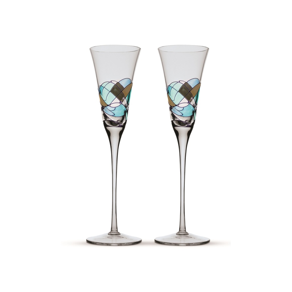[45870] Estoig de 2 copes de cava TOASTING. Copa única de vidre de producció artesanal realitzada mitjançant la tècnica de vidre bufat i pintada a mà. Col·lecció AQUA. 8 cm x 8 cm x 29 cm (20 cl.)
