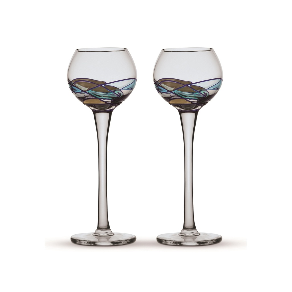 [45872] Étui set de 2 coupes GRAPPA, inspirés du style GAUDÍ. Production artisanale verre soufflé peinte à la main. Coupes mariée et marié. Cadeau de mariage, anniversaire, Noël, fin d'année, saint valentin. Collection AQUA (5 cl.)
