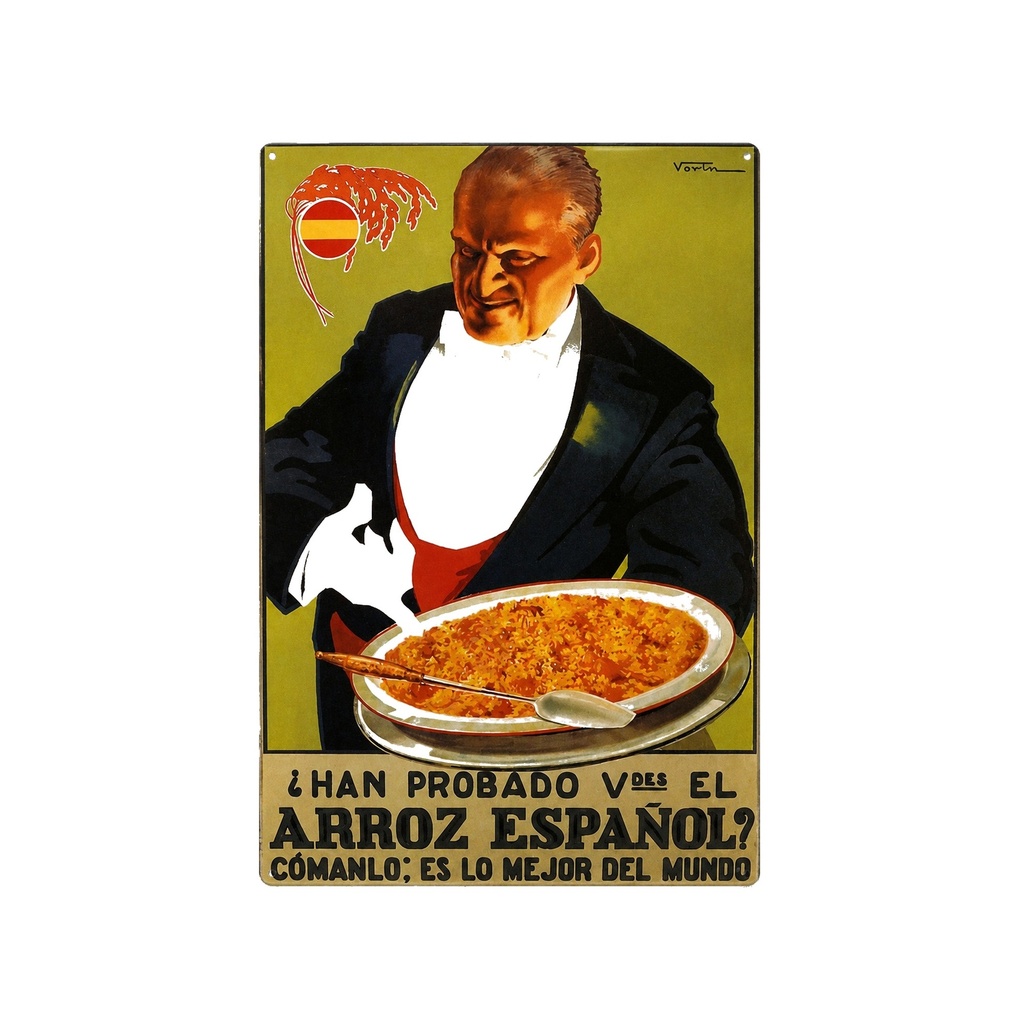 Cartel Póster publicitario de chapa metálica con diseño retro vintage de Catalunya / España. Tin sign. 50 cm x 33,50 cm (PAELLA ARROZ ESPAÑOL)