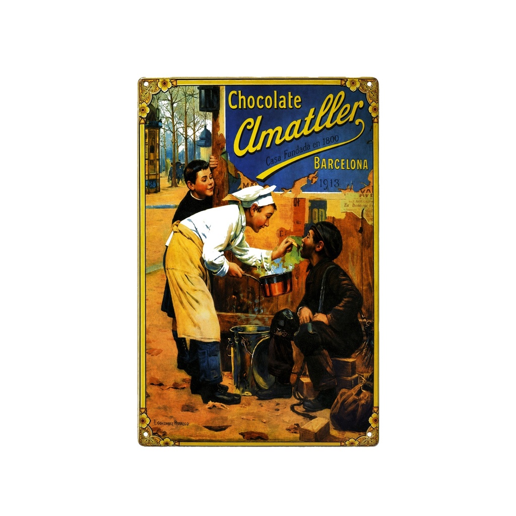 Cartel Póster publicitario de chapa metálica con diseño retro vintage de Catalunya / España. Tin sign. 50 cm x 33,50 cm (CHOCOLATES AMATLLER NIÑOS)