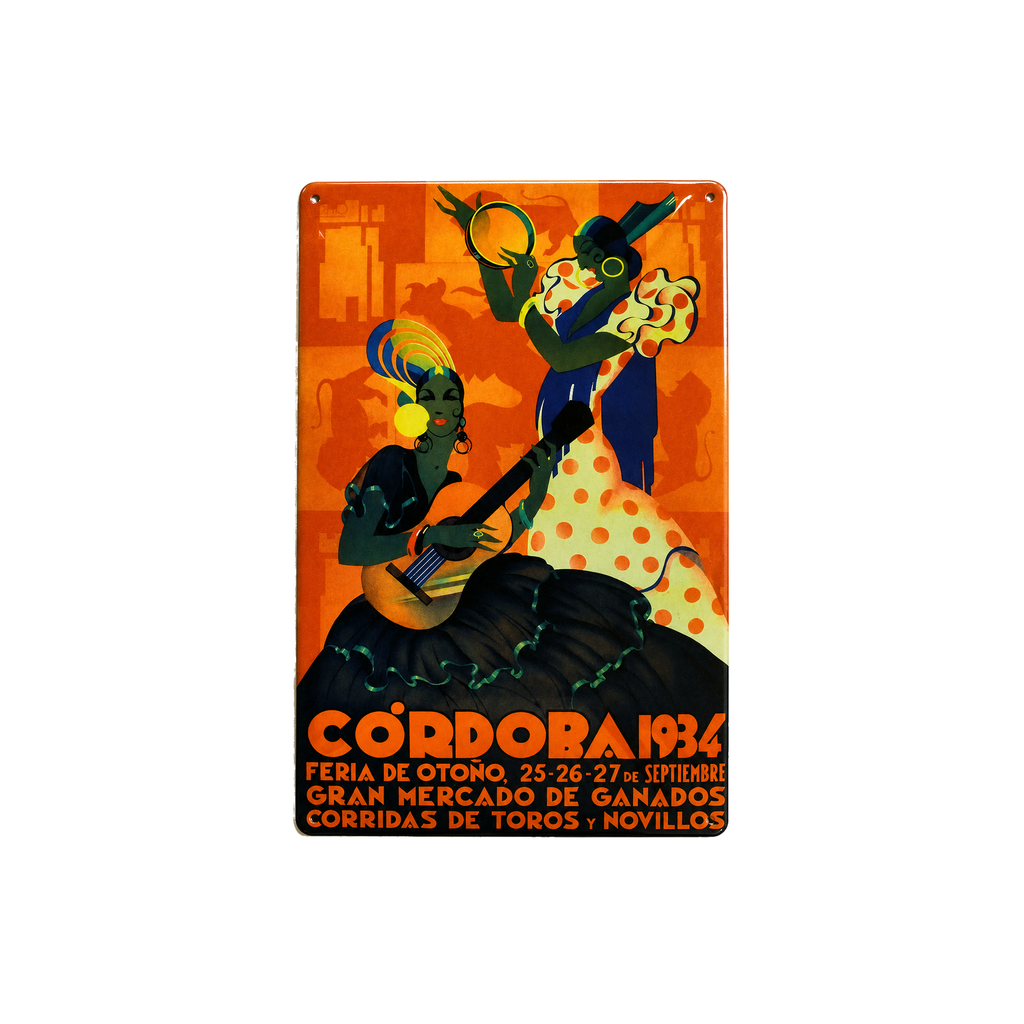 [52012] Cartel Póster publicitario de chapa metálica con diseño retro vintage de Catalunya / España. Tin sign. 50 cm x 33,50 cm (FERIA DE CORDOBA 1934)
