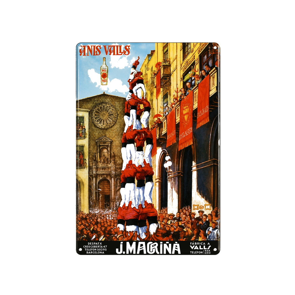 [52025] Cartel Póster publicitario de chapa metálica con diseño retro vintage de Catalunya / España. Tin sign. 50 cm x 33,50 cm (CASTELLERS ANIS VALLS)