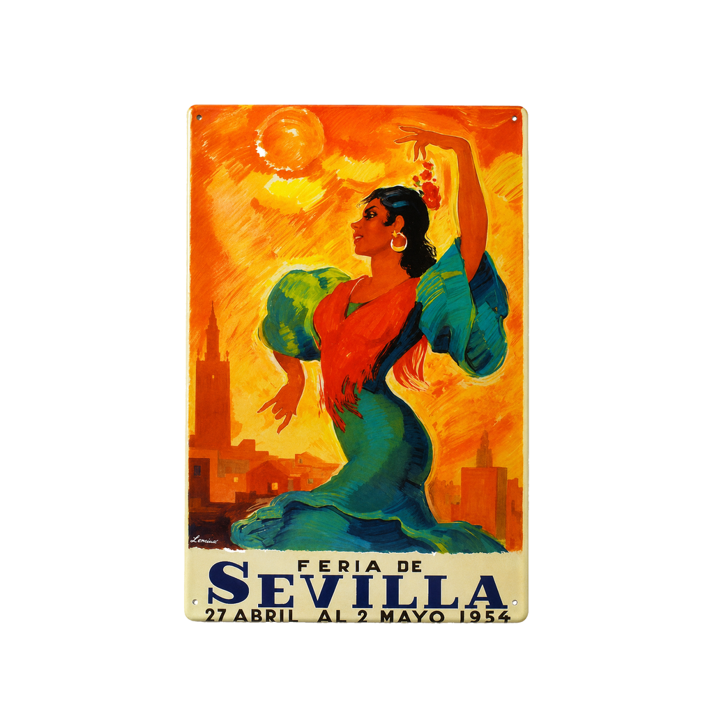 Manifesto pubblicitario costituito da una placca metallica con disegno retro vintage della Catalunia/Spagna. Tin sign. 50 cm x 33,50 cm (FIERA DI SIVIGLIA 1954)