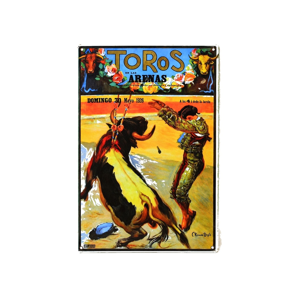 [52075] Affiche Poster publicitaire de plaque métallique avec dessin retro vintage de la Catalogne / l'Espagne. Tin sign. 50 cm x 33,50 cm (PLAZA DE TOROS LAS ARENAS BANDERILLERO)