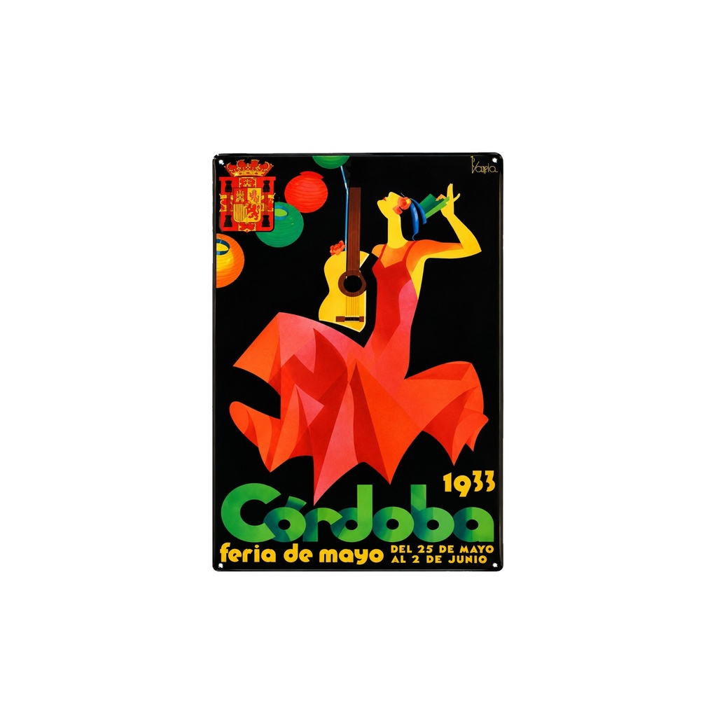 [53002] Affiche Poster publicitaire de plaque métallique avec dessin retro vintage de la Catalogne / l'Espagne. Tin sign. 30 cm x 20 cm (FERIA DE CORDOBA 1933)