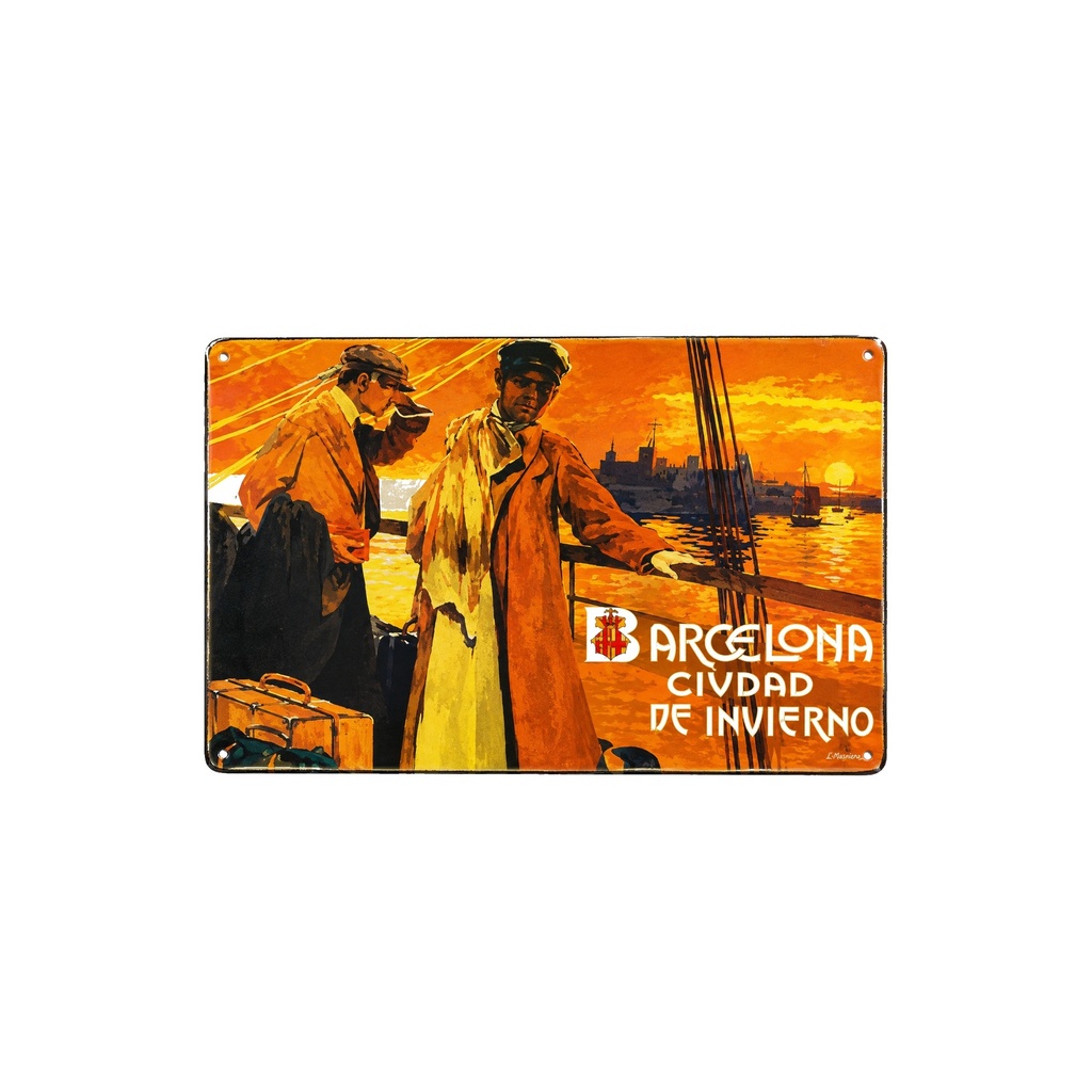 [53003] Affiche Poster publicitaire de plaque métallique avec dessin retro vintage de la Catalogne / l'Espagne. Tin sign. 30 cm x 20 cm (BARCELONA CIUDAD DE INVIERNO)