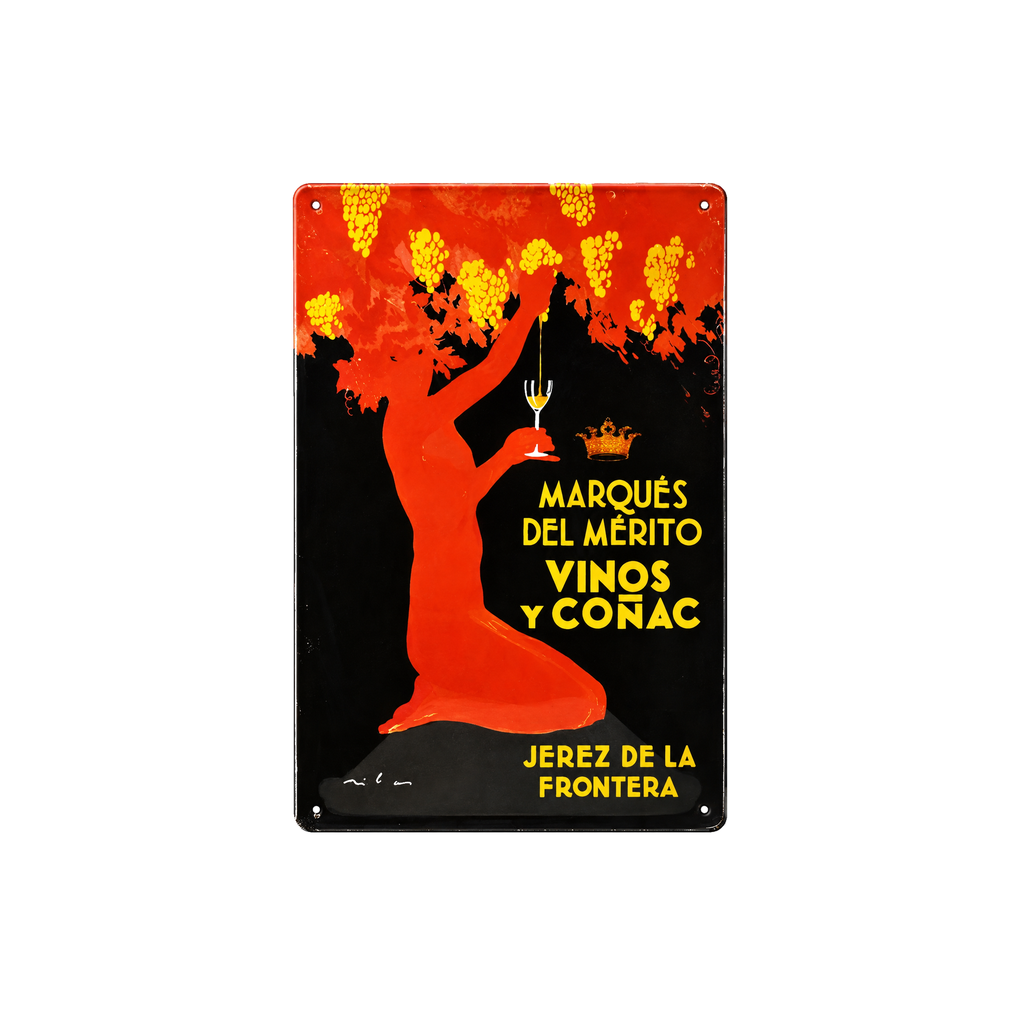 [53007] Manifesto pubblicitario costituito da una placca metallica con disegno retro vintage della Catalunia/Spagna. Tin sign. 50 cm x 33,50 cm (MARQUES DEL MERITO)
