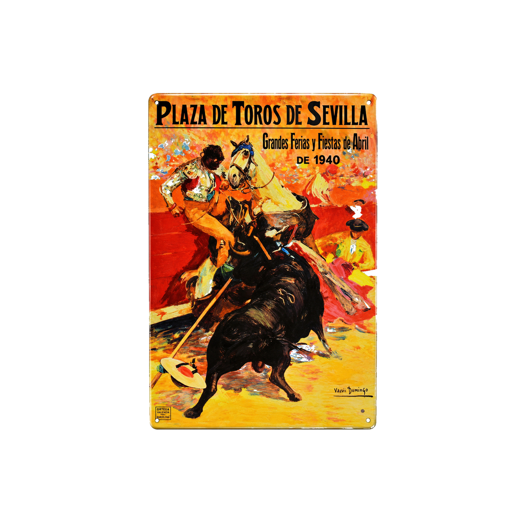 [53011] Affiche Poster publicitaire de plaque métallique avec dessin retro vintage de la Catalogne / l'Espagne. Tin sign. 30 cm x 20 cm (PLAZA DE TOROS DE SEVILLA 1940)