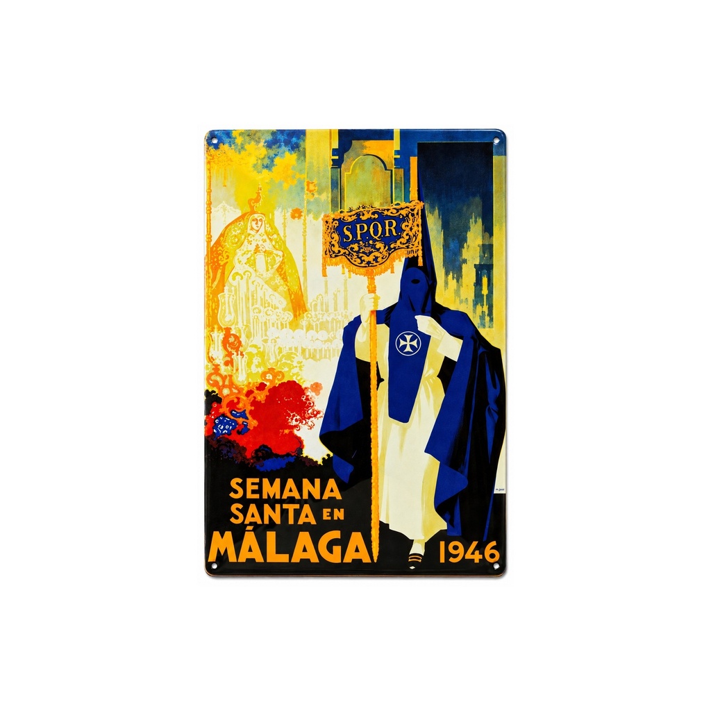 [53013] Cartel Póster publicitario de chapa metálica con diseño retro vintage de Catalunya / España. Tin sign. 30 cm x 20 cm (SEMANA SANTA MALAGA 1946)