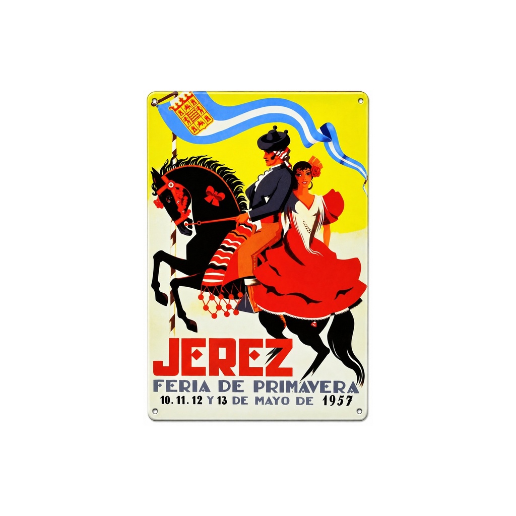 Cartell pòster publicitari de xapa metàl·lica amb disseny retro vintage de Catalunya / Espanya. Tin sign. 30 cm x 20 cm (Fira de Jerez