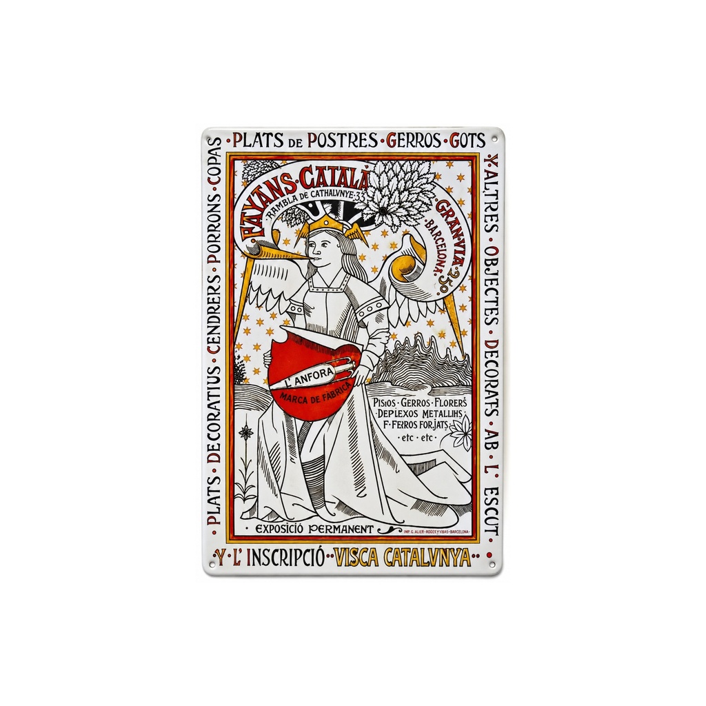 [53017] Manifesto pubblicitario costituito da una placca metallica con disegno retro vintage della Catalunia/Spagna. Tin sign. 30 cm x 20 cm   (FABBRICA DI CERAMICA)