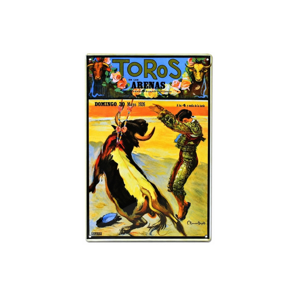 [53018] Cartel Póster publicitario de chapa metálica con diseño retro vintage de Catalunya / España. Tin sign. 30 cm x 20 cm (PLAZA DE TOROS LAS ARENAS BANDERILLERO)
