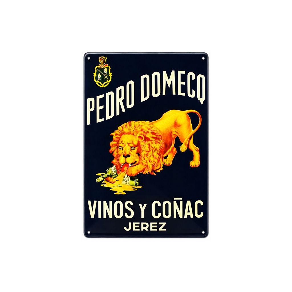 Affiche Poster publicitaire de plaque métallique avec dessin retro vintage de la Catalogne / l'Espagne. Tin sign. 30 cm x 20 cm (VINOS Y COÑAC PEDRO DOMECQ)