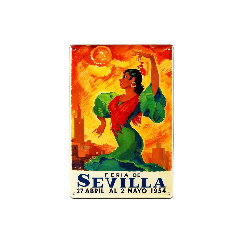 Manifesto pubblicitario costituito da una placca metallica con disegno retro vintage della Catalunia/Spagna. Tin sign. 30 cm x 20 cm    (FIERA DI SIVIGLIA 1954)